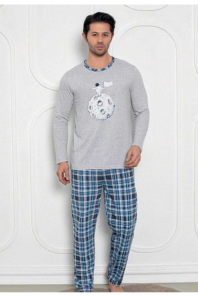 Intisimo Men's Pajamas, Blouse Long Pants, Moon, Gray - 3xl