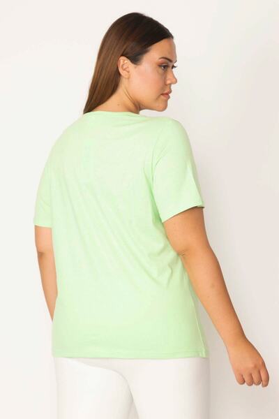 Şans Women's Large Size Green Cotton Fabric Crew Neck Short Sleeve Blouse 65n29545