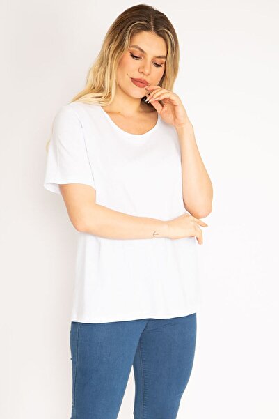 Şans Γυναικεία μπλούζα με λαιμόκοψη μεγάλου μεγέθους από λευκό βαμβακερό ύφασμα 65n28808