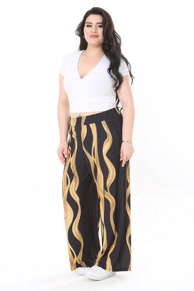 Şans Plus Size Patterned Black Trousers - Elastic Waist, Side Pocket, Lycra 65N38055