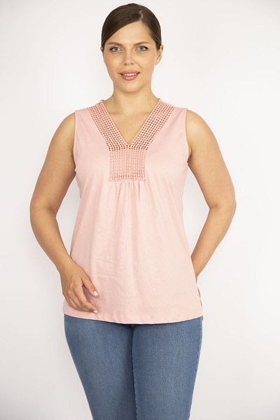 Şans Women's Powder Plus Size Cotton Fabric Collar Lace Detailed Blouse 65n36603