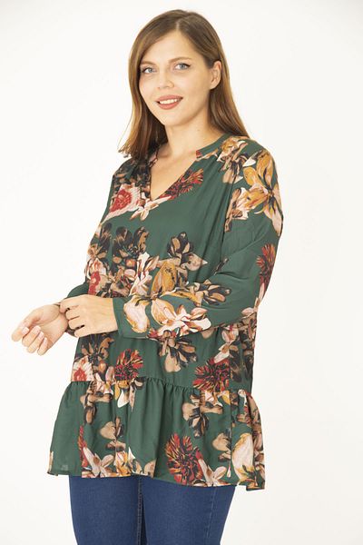 Şans Women's Large Size Green V-neck Hemline Layered Lined Chiffon Tunic 65N36955