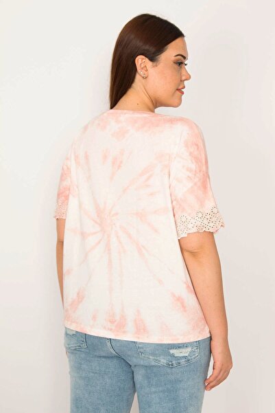 Şans Women's Large Size Salmon Batik Patterned Blouse with Lace Detail at Cuff 65n33289