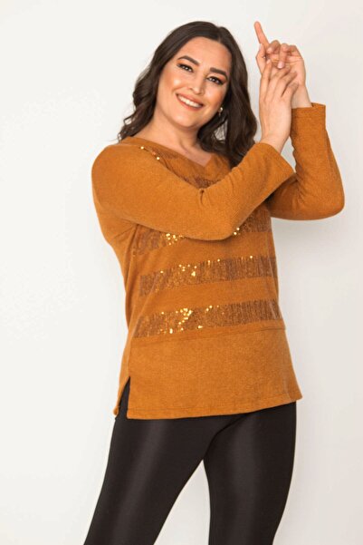 Şans Γυναικεία μουστάρδα μεγάλου μεγέθους μπλούζα με λεπτομερή λαιμόκοψη 65n30407