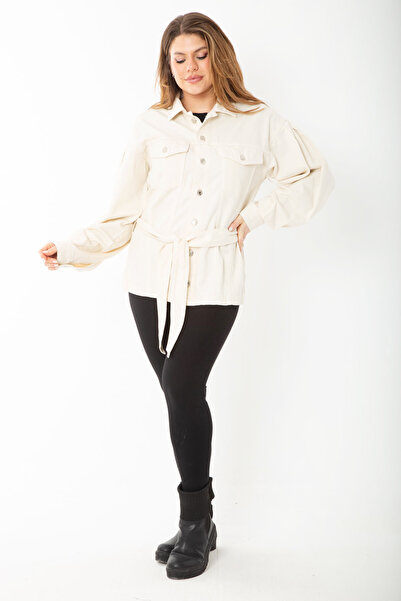 Şans Tekstil Women's Bone Metal Buttoned Belted Denim Coat 65N37385