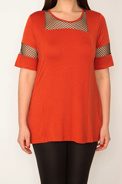 Şans Γυναικεία μπλούζα με πορτοκαλί πλέγμα μεγάλου μεγέθους με λεπτομερή βισκόζη 65n31981