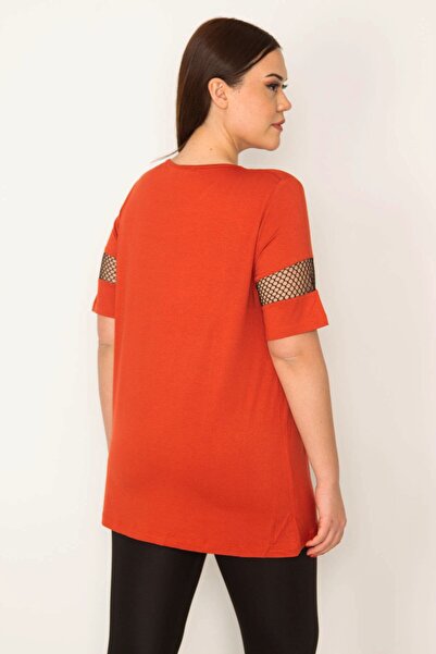Şans Γυναικεία μπλούζα με πορτοκαλί πλέγμα μεγάλου μεγέθους με λεπτομερή βισκόζη 65n31981