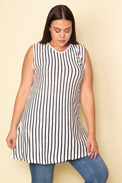 Şans Női nagy méretű csontos V-nyakú csíkos blúz 65n29940