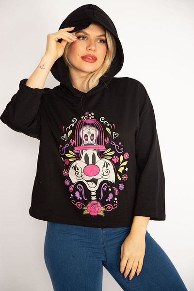 Şans Women's Large Size Black Digital Printed Hooded Sweatshirt 65n35083
