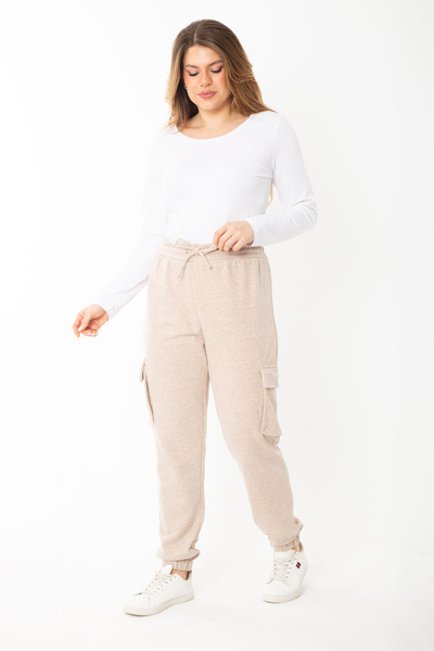 Şans Women's Large Size Mink Waist and Leg Elastic Cargo Pocket Sweatpants Bottom 65N37391