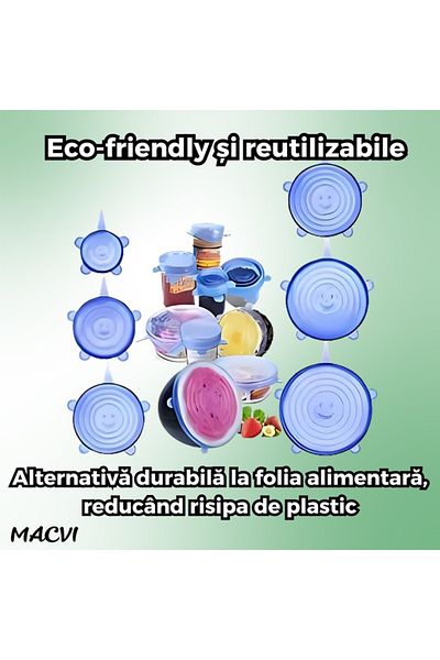 MACVI Set 6 Capace din Silicon Flexibil Macvi® Reutilizabile, Etanse, Pastrare Alimente, Albastru
