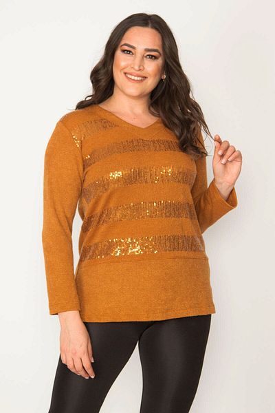Şans Women's Large Size Mustard Sequin Detailed V-Neck Blouse 65n30407