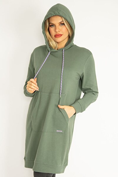 Şans Women's Large Size Green Hooded Kangaroo Pocket Long Sweatshirt 65n35070