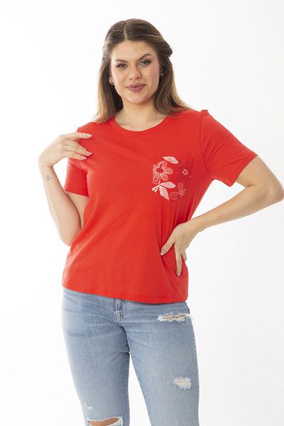 Şans Women's Large Size Red Peto Pocket Short Sleeve Blouse 65N36947