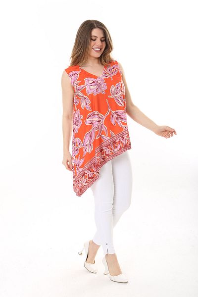 Şans Women's Plus Size Colorful Asymmetrical Cut V-neck Colorful Sleeveless Blouse 65N37593
