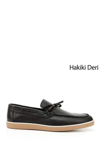 GÖNDERİ(R) Men's Black Floater Bow Genuine Leather Loafer Shoes