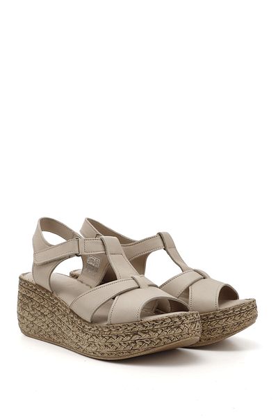 GÖNDERİ(R) Women / Girls Beige Antique Velcro Strap Wedge Sole Genuine Leather Sandals