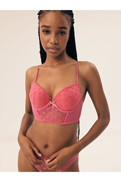 ESOTIQ Sutien push-up cu armătură, model drăguț din plasă și broderie florală...