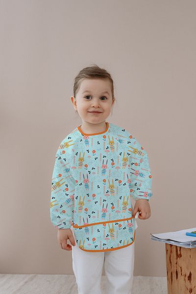 Messido Long Sleeve Food and Activity Apron, Activity and Painting Apron, Cute Rabbit Pattern, 1-5 Years Old