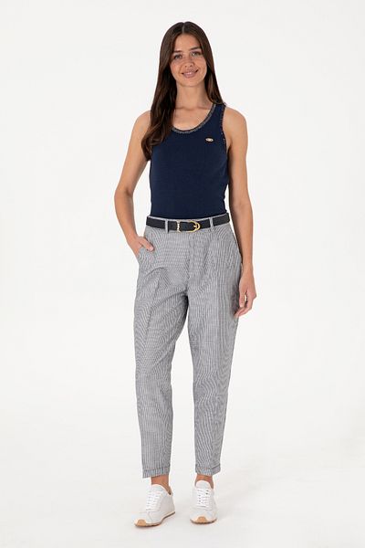 U.S. Polo Assn. Women's Navy Blue Striped Linen Blended Carrot Fit Canvas Trousers 50309090-Vr033