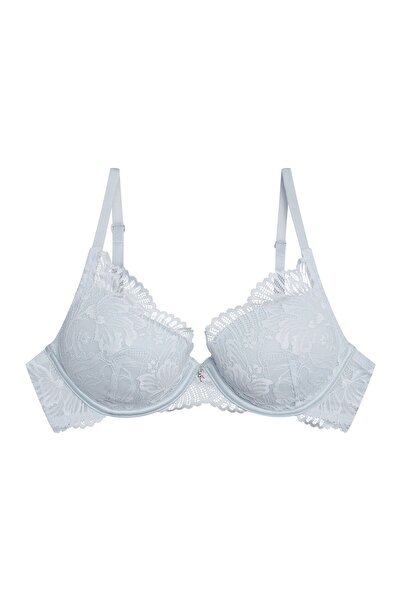 ESOTIQ Sutien push-up cu armătură, dantelă botanică decorativă, pandantiv auriu, cu comprese detașabile | Blueberry