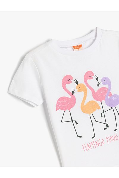 Koton Flamingo Printed Crew Neck Cotton Short Sleeve T-Shirt
