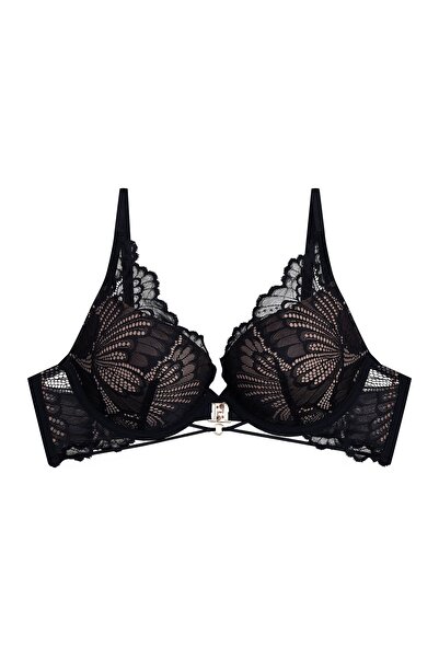 ESOTIQ Sutien push-up cu armătură, dantelă florală, decorațiuni cu cercuri au...