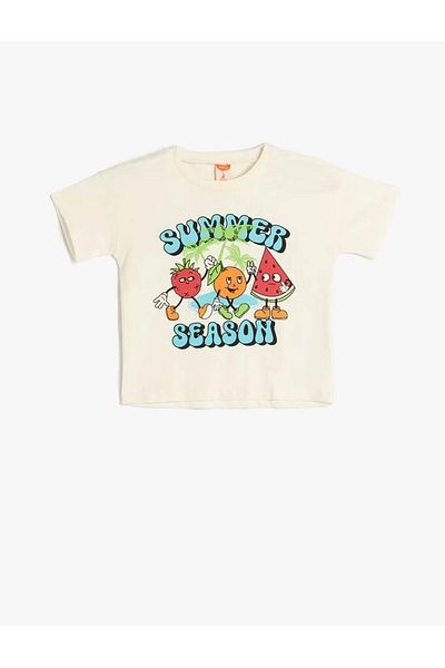 Koton Cotton Fruit Printed Crew Neck Ecru Baby Boy T-Shirt 5Smb10009Tk