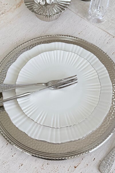porselenden Aura Gümüş Hm Model 24 Parça 6 Kişilik Premium Porselen Özel Misafir Platin Kırık Beyaz Yemek Takımı