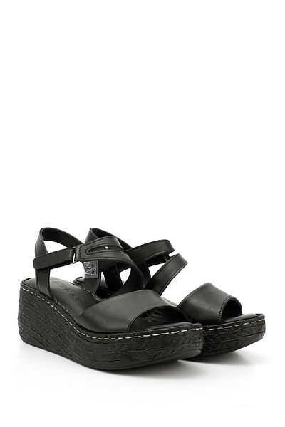GÖNDERİ(R) Women / Girls Black Velcro Strap Wedge Sole Genuine Leather Sandals