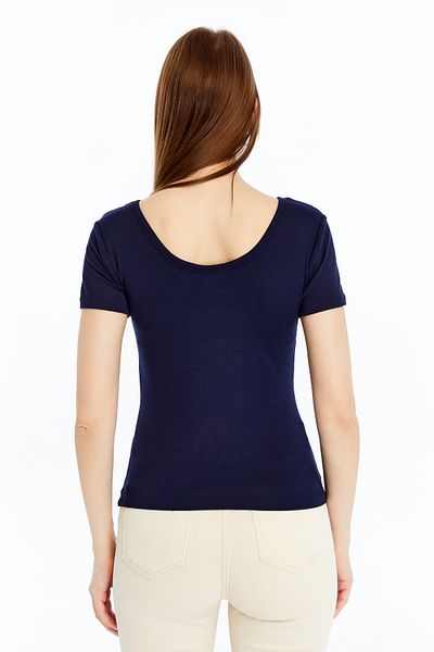 LAENT Women's Navy Blue Pool Neck Short Sleeve Blouse