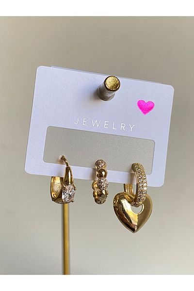 Çelik Set of 3 Zircon Stone Heart Earrings