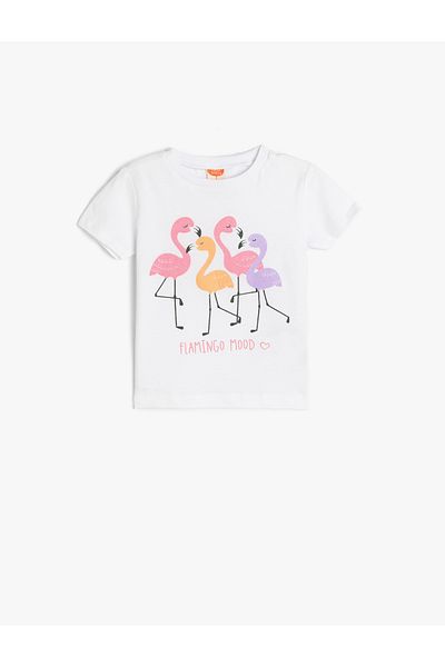 Koton Flamingo Printed Crew Neck Cotton Short Sleeve T-Shirt