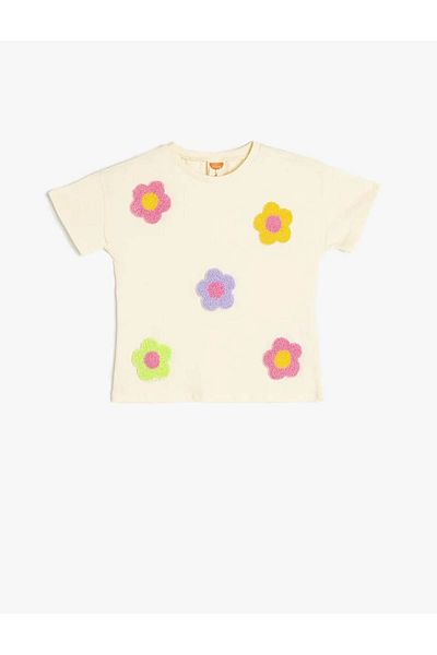 Koton Floral Embroidered Crew Neck Ecru Baby Girl T-Shirt 5Smg10064Ak