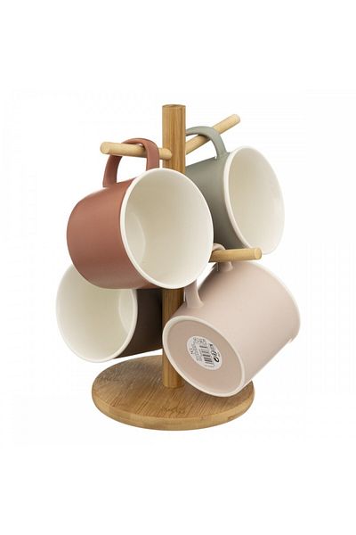 Secret de Gourmet Sandy mug set, ceramic, 4 pieces, wooden stand, 380 ml