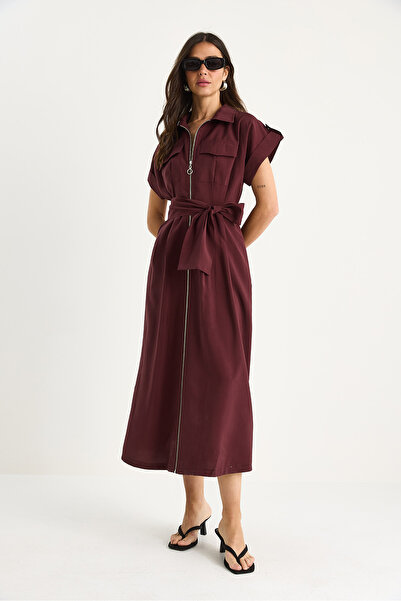 Bianco Lucci Women's Pocket and Zipper Detailed Belted Collar Long Dress Chd27 60283335