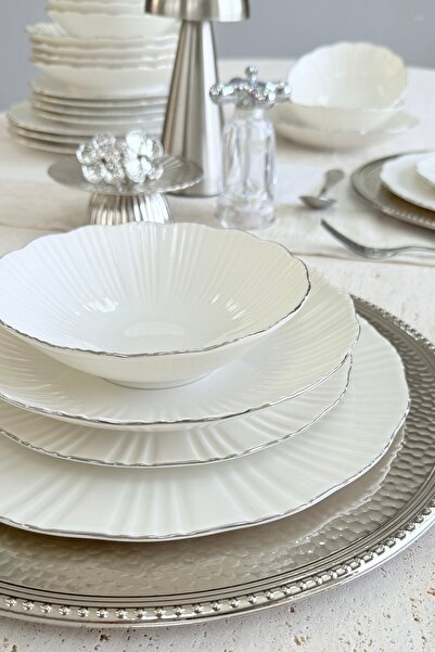 porselenden Aura Gümüş Hm Model 24 Parça 6 Kişilik Premium Porselen Özel Misafir Platin Kırık Beyaz Yemek Takımı