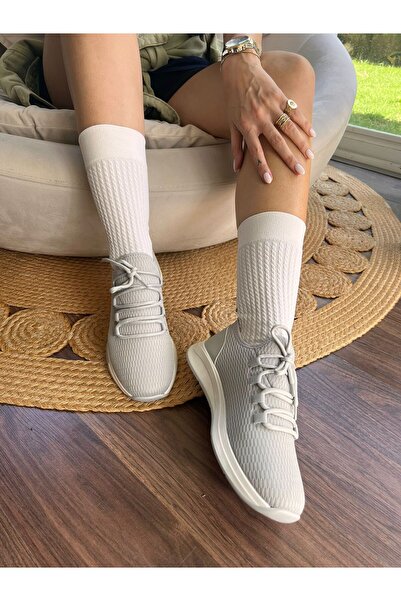 İnan Ayakkabı Kadın Gri Triko Nefes Alabilen Kumaş Koku Ve Terleme Yapmaz Sneakers 4 Cm Taban