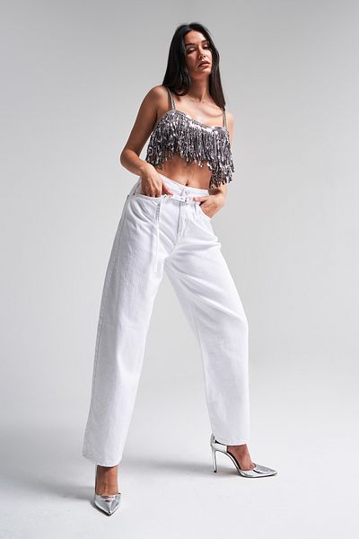 its basic Women's White Color 5S5-2 Tailored Fit Belted 100% Cotton Non-Exposed Denim Jean