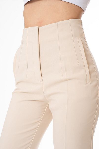 MODAF High Waist Beige Women's Trousers - Collared Fabric