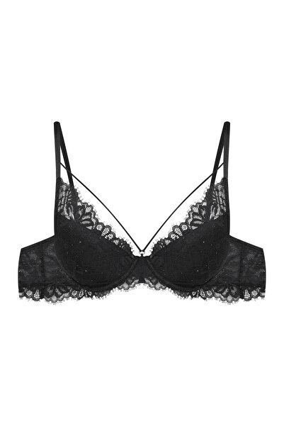 ESOTIQ Sutien push-up cu armătură, dantelă florală, strasuri și bretele decorative în față, sexy și senzual | Odie
