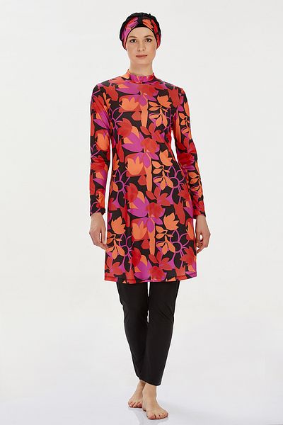 Bravie Women's Colorful Leaf Patterned Autumn Themed Full Covered Lycra Hijab Swimsuit - 9208