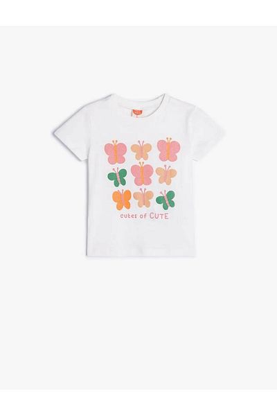 Koton Butterfly Printed Crew Neck Ecru Baby Girl T-Shirt 5Smg10026Ak