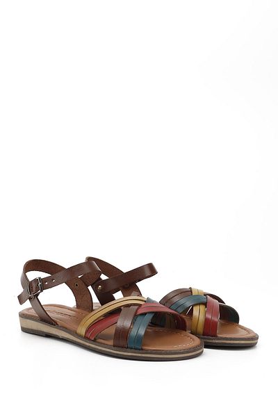 GÖNDERİ(R) Women / Girls Brown to Red Yellow Cross Strap Genuine Leather Sandals