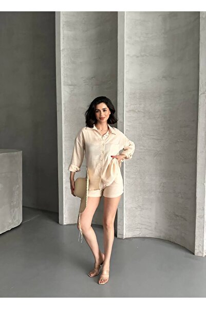 LACASE Women's Black Muslin Fabric Relaxed Cut Shirt Shorts Set of Two