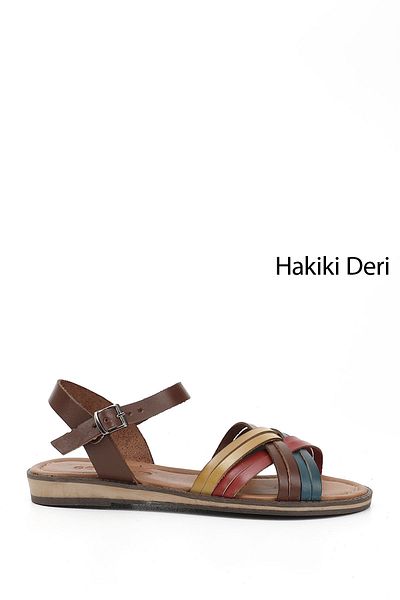 GÖNDERİ(R) Women / Girls Brown to Red Yellow Cross Strap Genuine Leather Sandals