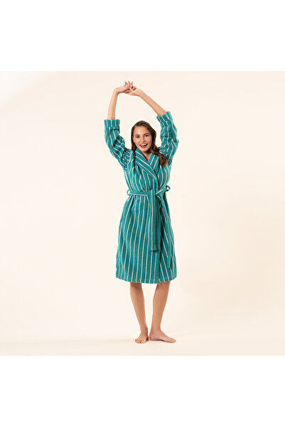 Zsa Zsa Zsu Solıd Geniş Çizgili İplik Boyalı Pamuk %100 Pamuk Bornoz - Koyu Y...