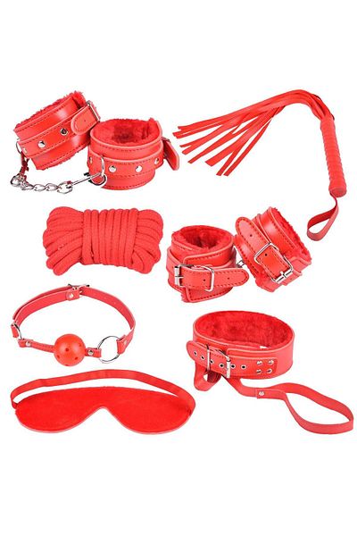 WildFashion 8-piece fetish/BDSM set made of eco-leather, Red, TOY180-3