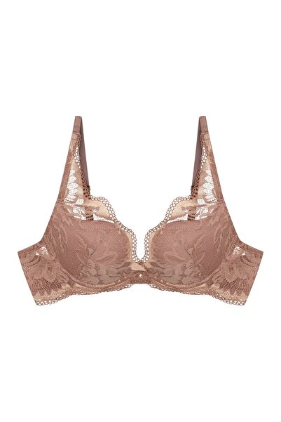 ESOTIQ Sutien push-up cu armătură, dantelă florală, pandantiv cu piatră preți...