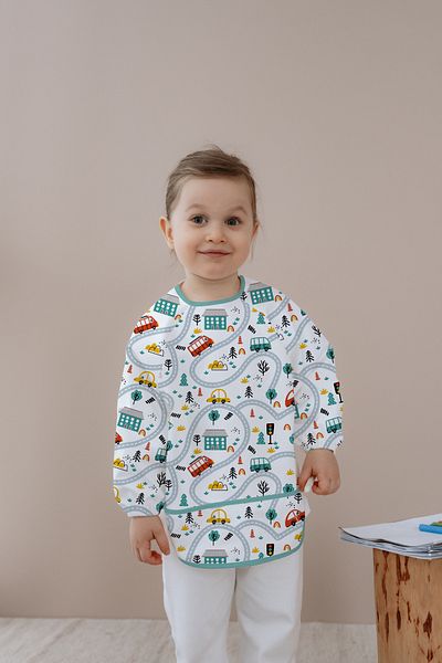 Messido Long Sleeve Food and Activity Apron, Activity and Painting Apron, Car Pattern, 1-5 Years Old